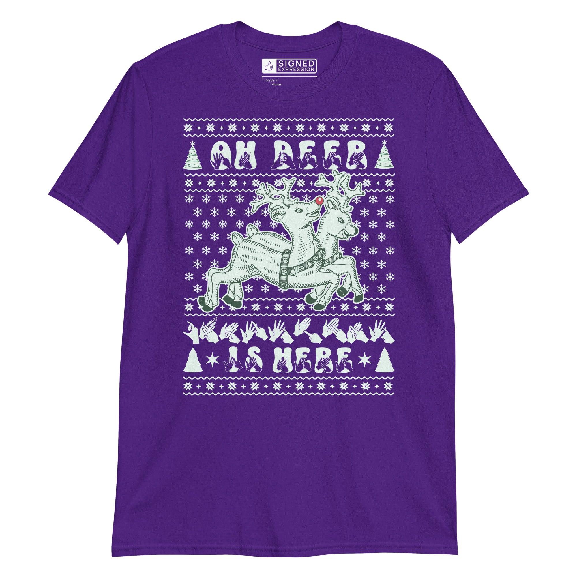 Purple coloured Oh Deer Christmas Is Here t-shirt with reindeers, snowflakes and BSL design.