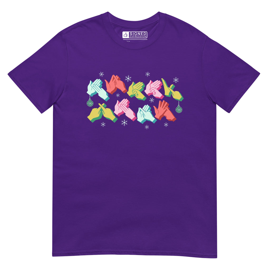 Purple coloured Merry Christmas t-shirt with snowflakes and BSL design.