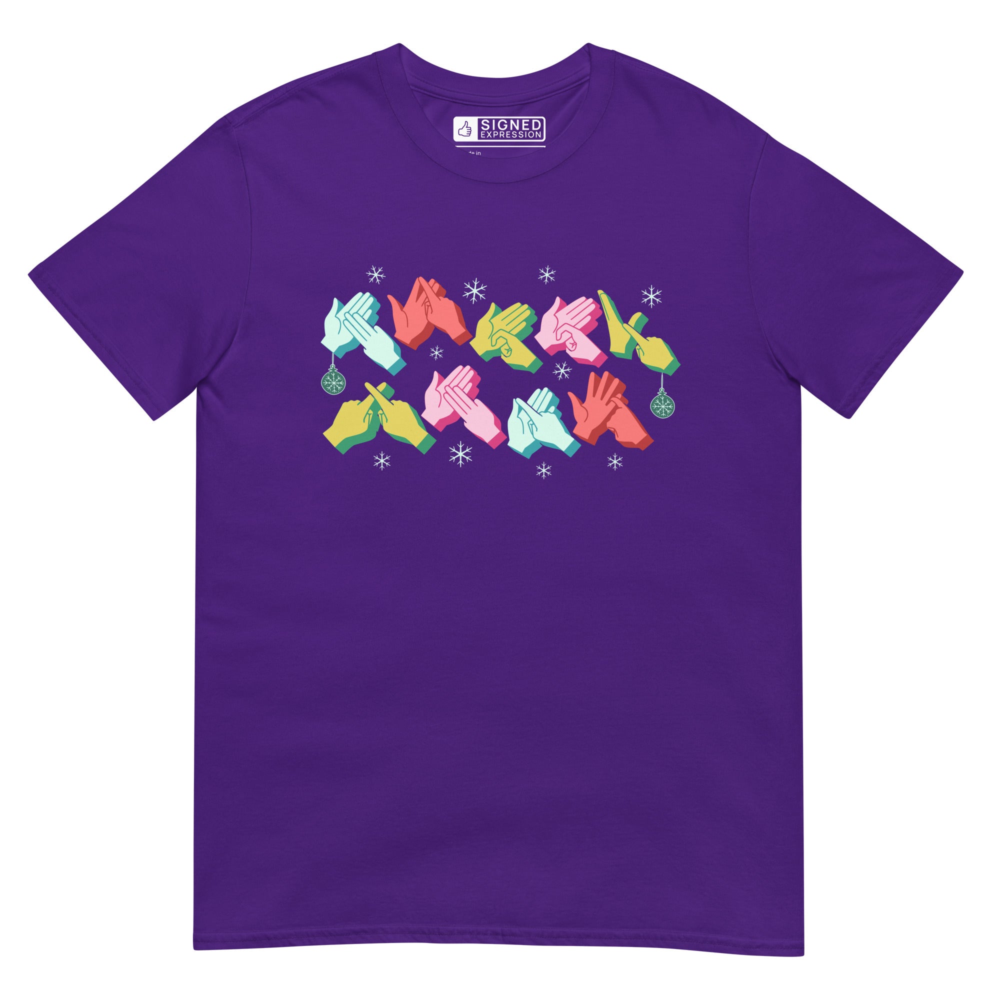 Purple coloured Merry Christmas t-shirt with snowflakes and BSL design.
