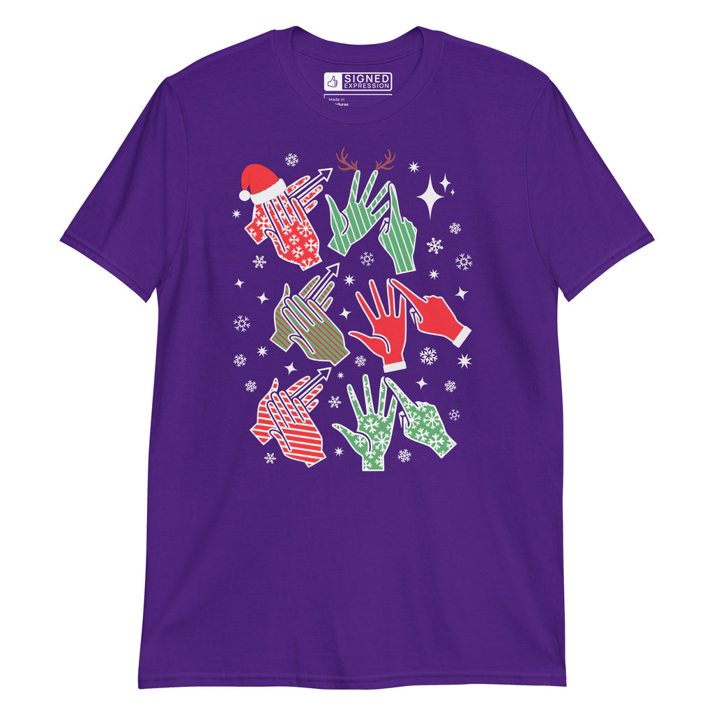 Purple coloured t-shirt with Ho Ho Ho BSL fingerspelling design.