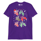 Purple coloured t-shirt with Ho Ho Ho BSL fingerspelling design.