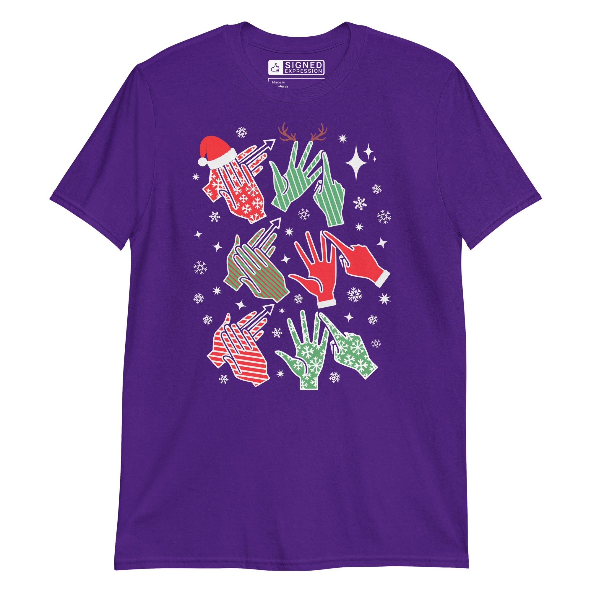 Purple coloured t-shirt with Ho Ho Ho BSL fingerspelling design.
