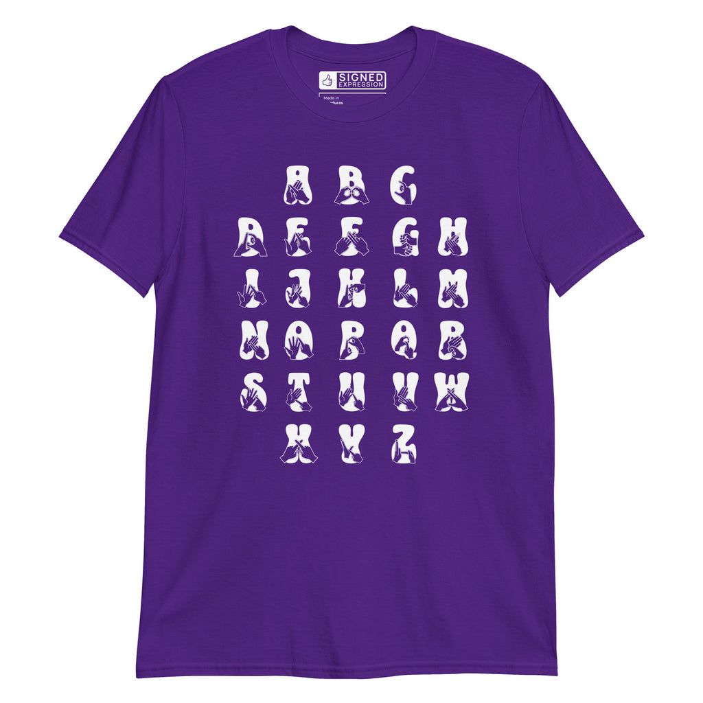 Front view of a purple t-shirt with BSL Alphabet - White Fingerspelling & Text