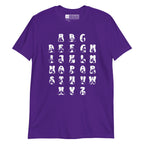Front view of a purple t-shirt with BSL Alphabet - White Fingerspelling & Text