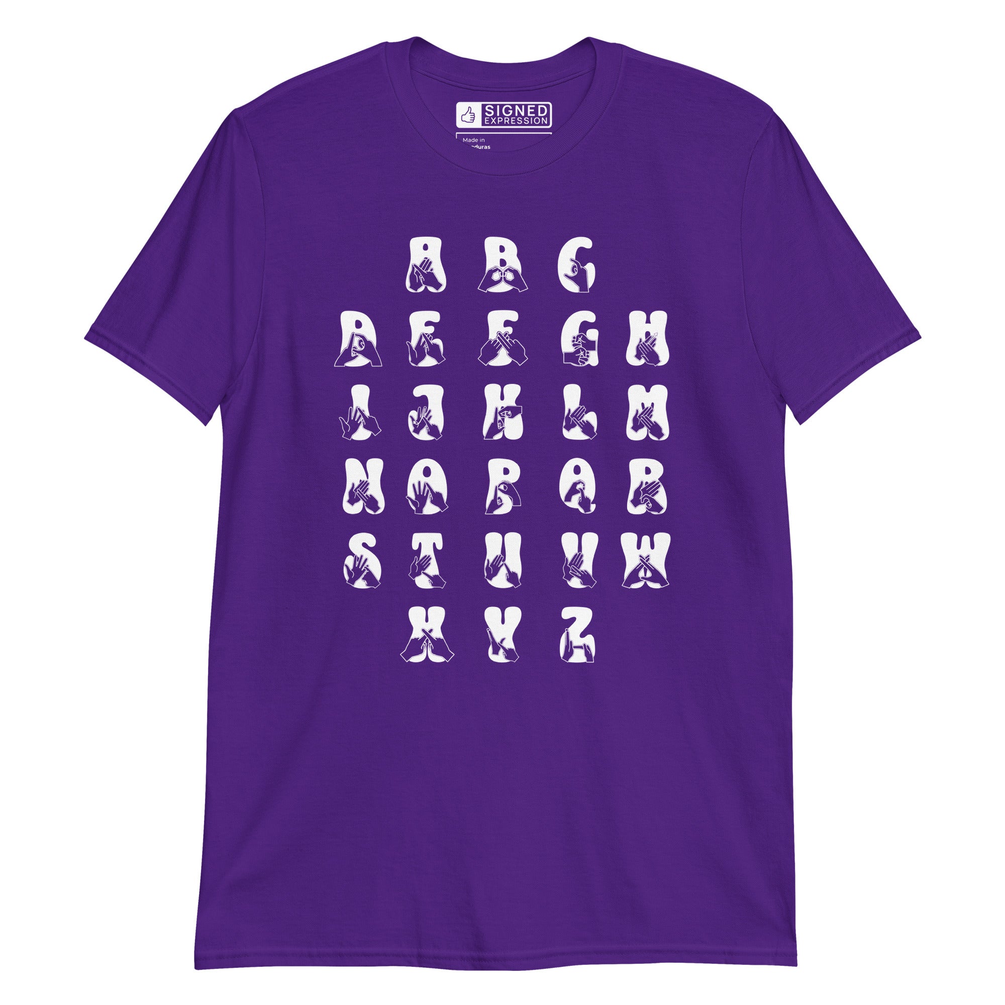 Front view of a purple t-shirt with BSL Alphabet - White Fingerspelling & Text