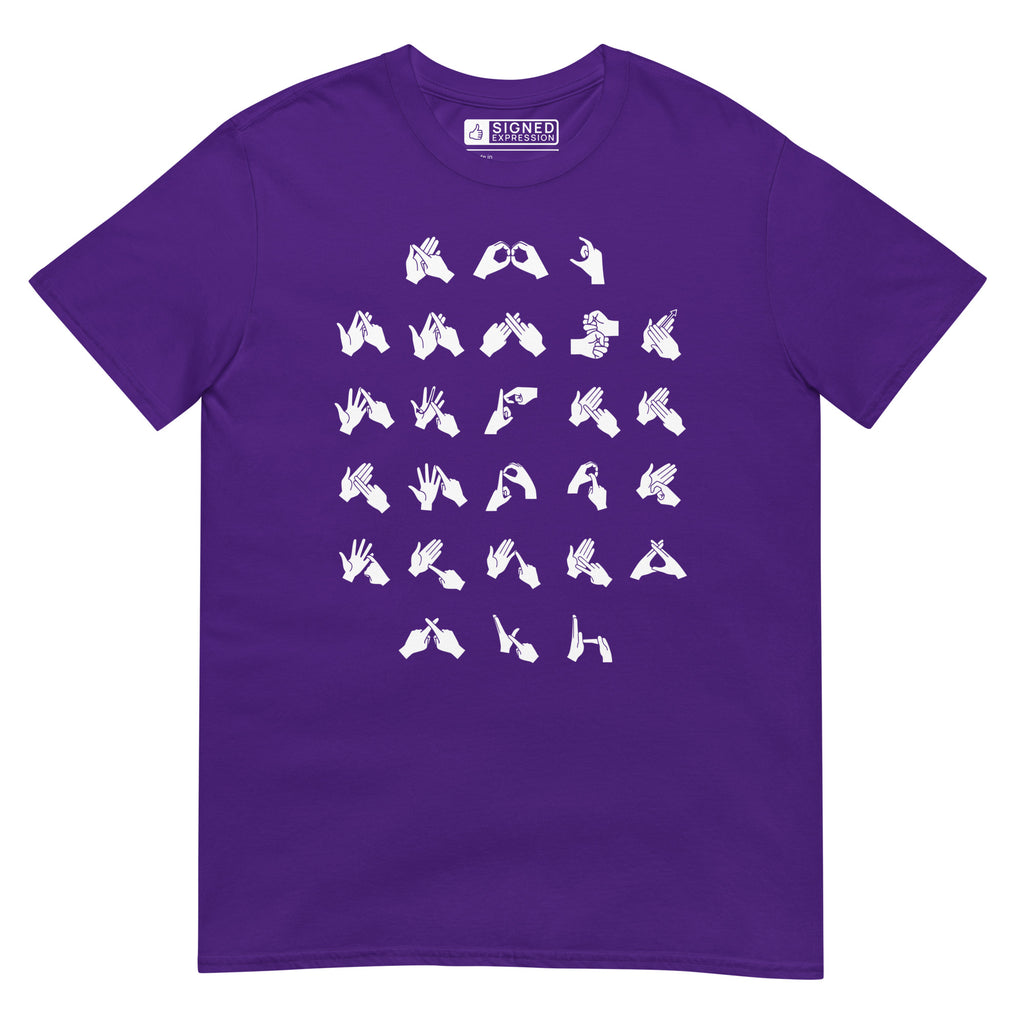 Front view of a purple t-shirt with BSL Alphabet - White Fingerspelling