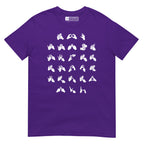 Front view of a purple t-shirt with BSL Alphabet - White Fingerspelling