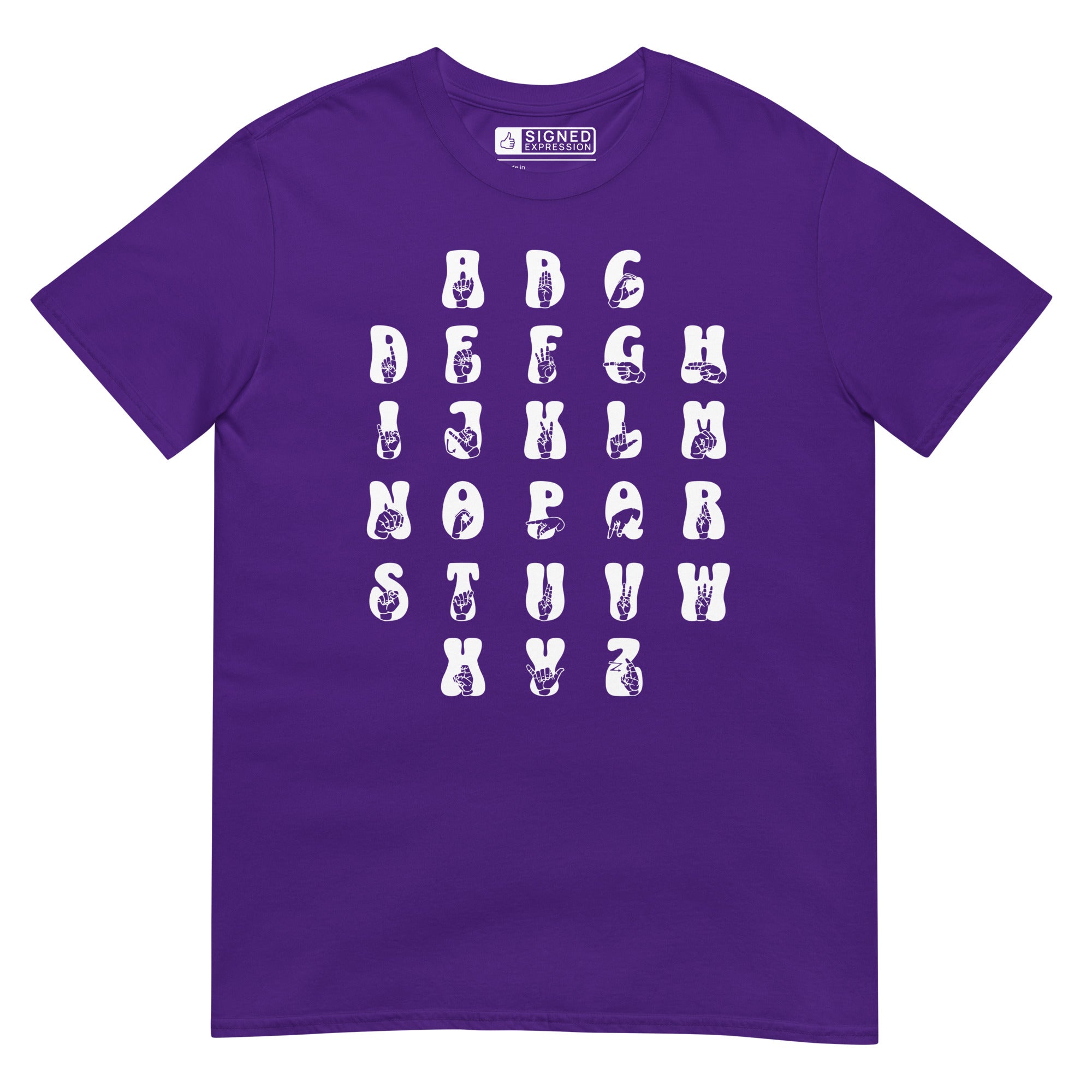 Front view of a purple t-shirt with ASL Alphabet - White Fingerspelling & Text