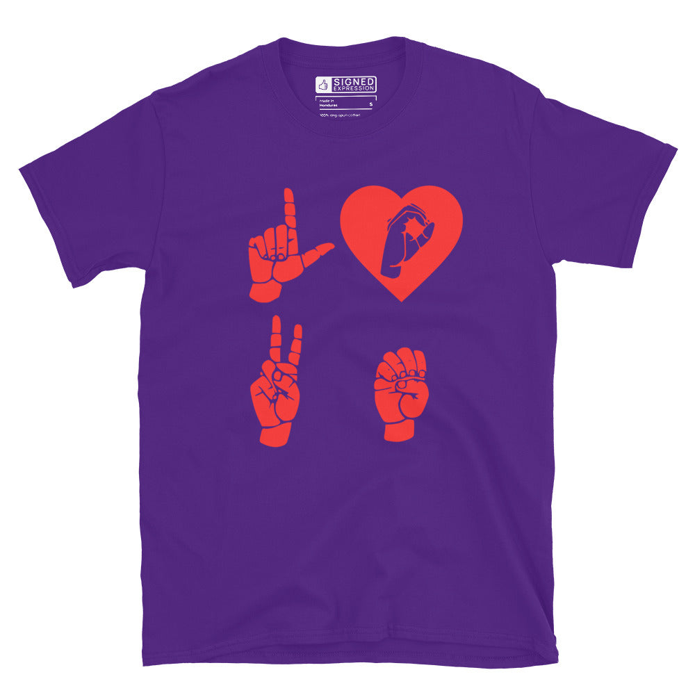 Purple coloured  T-Shirt with the word Love in red ASL Fingerspelling with the 'O' embedded in a heart shape