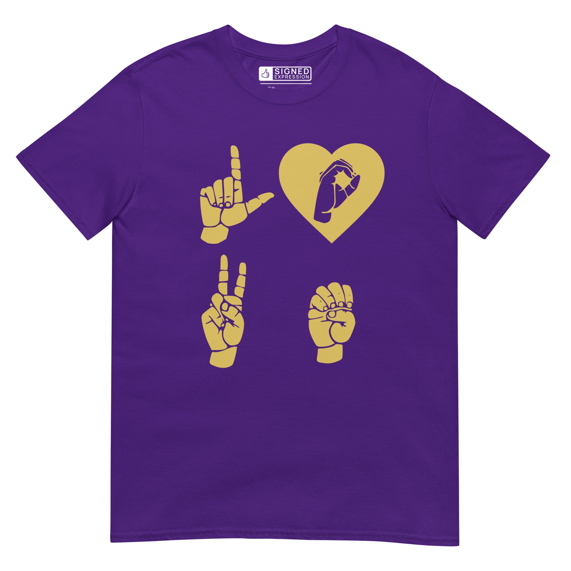 Purple coloured  T-Shirt with the word Love in gold ASL Fingerspelling with the 'O' embedded in a heart shape