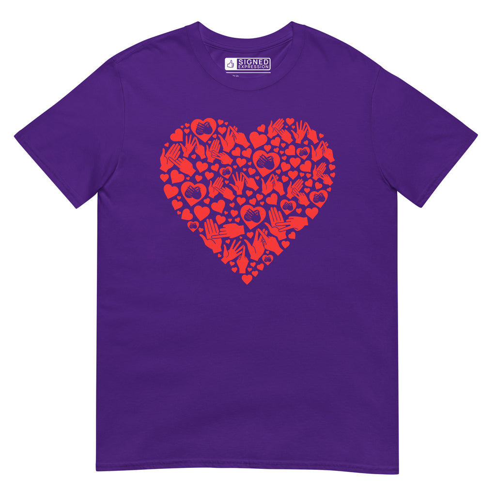 Purple coloured T-Shirt showing a red  coloured heart shaped mosaic formed from smaller love hearts, BSL fingerspelling that spells LOVE, and heart shapes embedded with the BSL sign for love