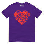 Purple coloured T-Shirt showing a red  coloured heart shaped mosaic formed from smaller love hearts, BSL fingerspelling that spells LOVE, and heart shapes embedded with the BSL sign for love