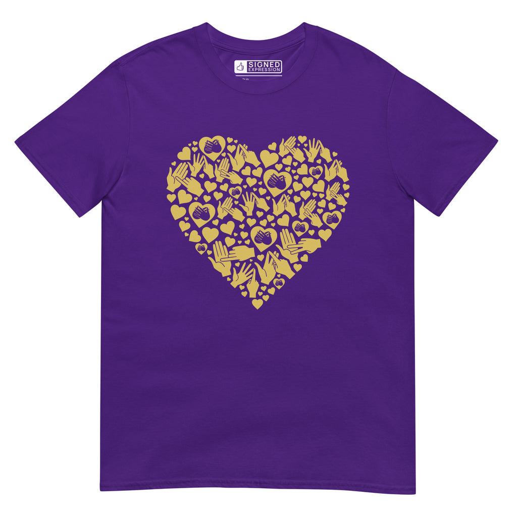 Purple coloured T-Shirt showing a gold coloured heart shaped mosaic formed from smaller love hearts, BSL fingerspelling that spells LOVE, and heart shapes embedded with the BSL sign for love