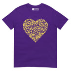 Purple coloured T-Shirt showing a gold coloured heart shaped mosaic formed from smaller love hearts, BSL fingerspelling that spells LOVE, and heart shapes embedded with the BSL sign for love
