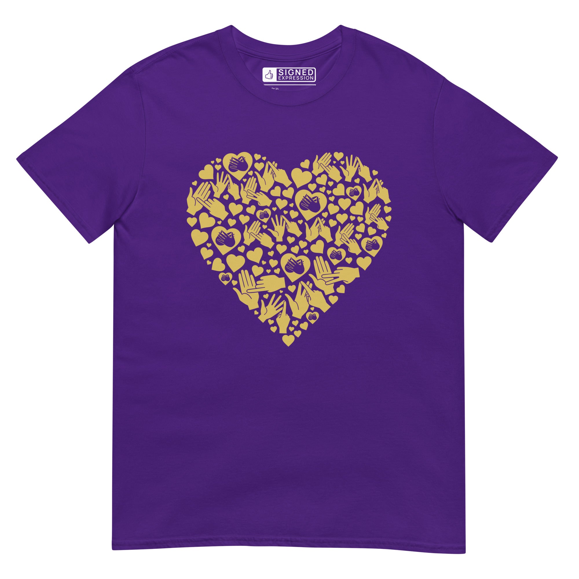 Purple coloured T-Shirt showing a gold coloured heart shaped mosaic formed from smaller love hearts, BSL fingerspelling that spells LOVE, and heart shapes embedded with the BSL sign for love