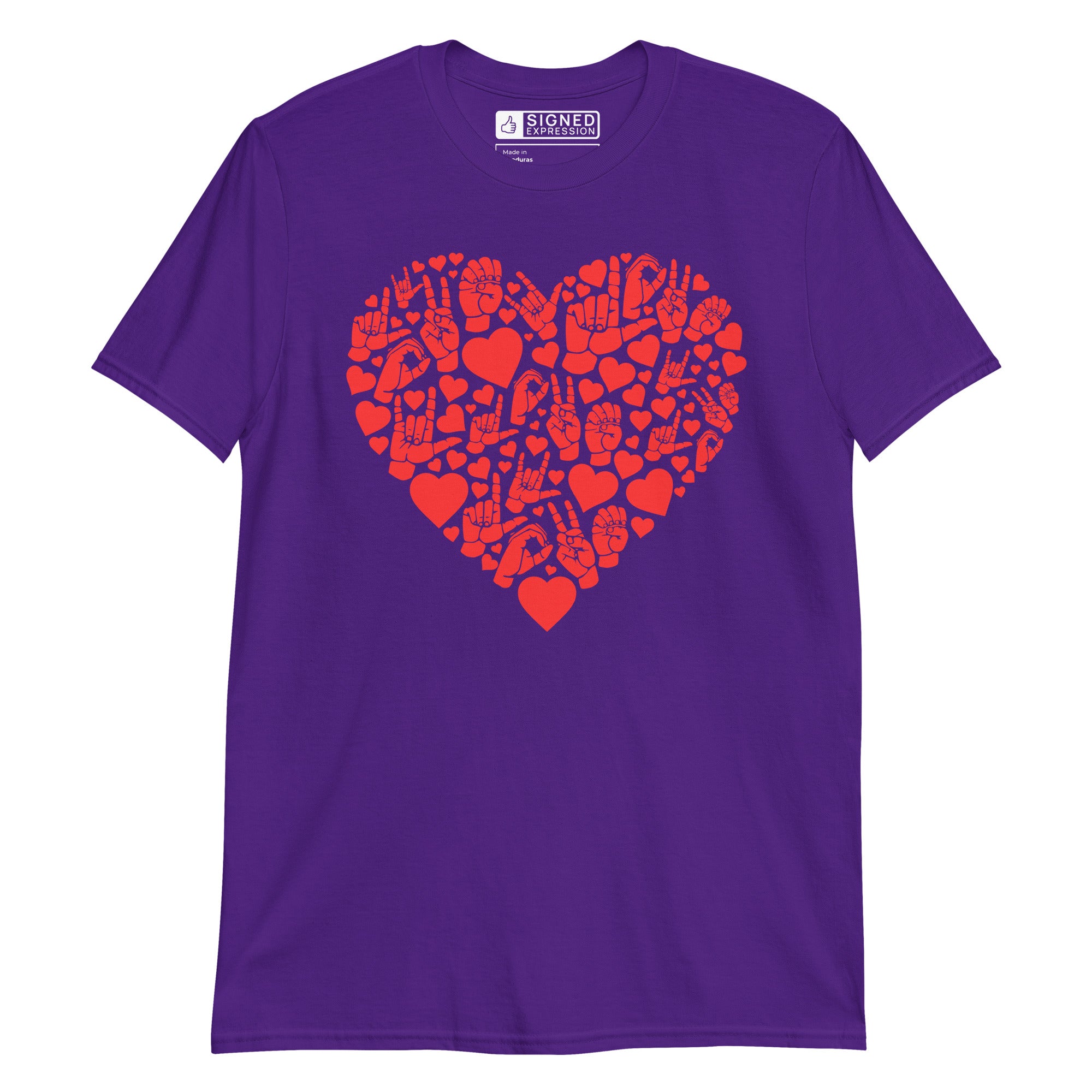 Purple coloured T-Shirt showing a red  coloured heart shaped mosaic formed from smaller love hearts, ASL fingerspelling that spells LOVE, and the ASL sign for I love you
