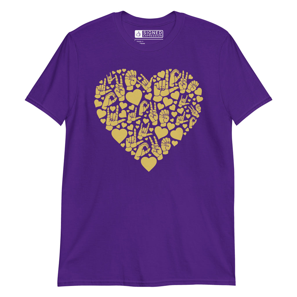 Purple colored T-Shirt showing a gold colored heart shaped mosaic formed from smaller love hearts, ASL fingerspelling that spells LOVE, and the ASL sign for I love you
