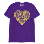 Purple colored T-Shirt showing a gold colored heart shaped mosaic formed from smaller love hearts, ASL fingerspelling that spells LOVE, and the ASL sign for I love you