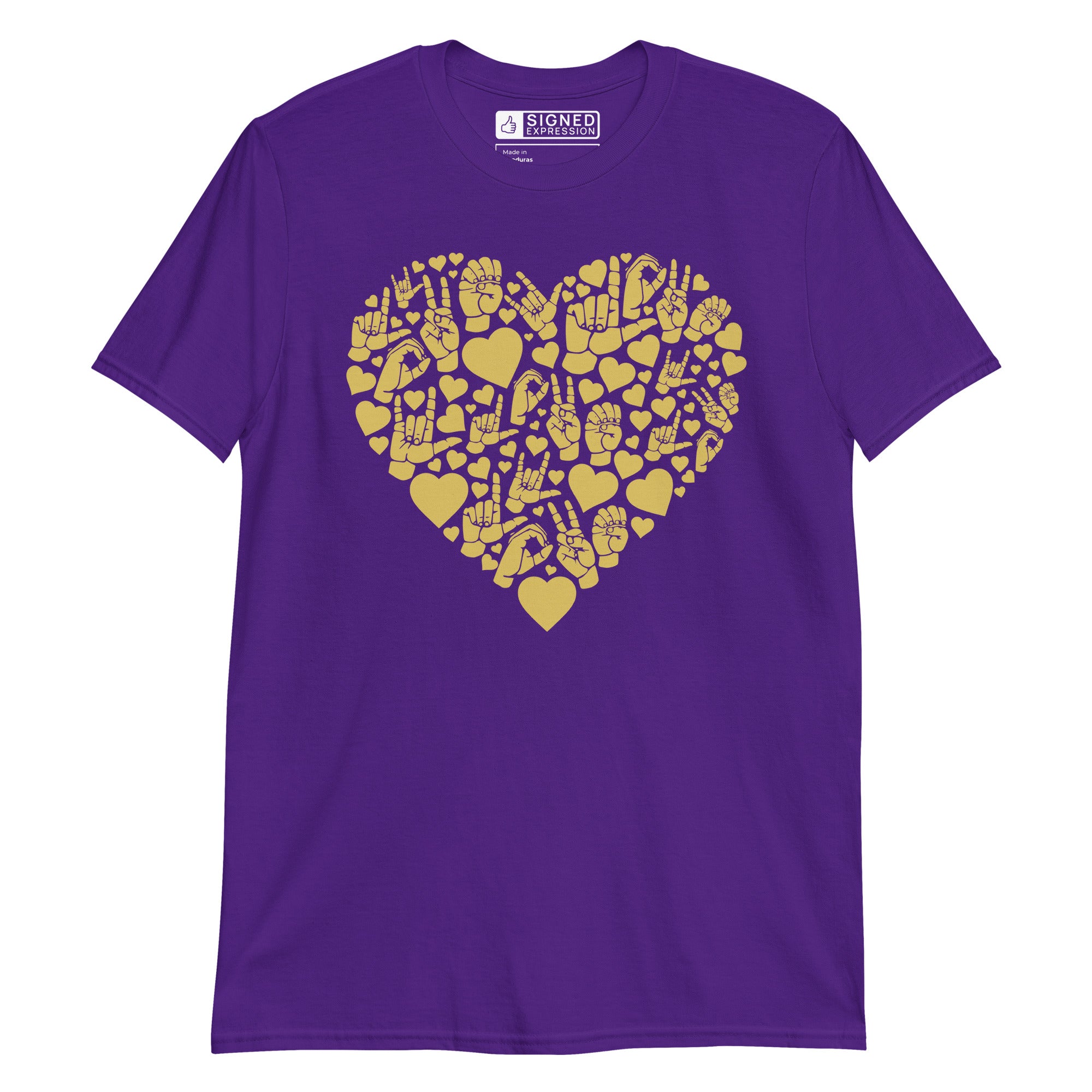 Purple colored T-Shirt showing a gold colored heart shaped mosaic formed from smaller love hearts, ASL fingerspelling that spells LOVE, and the ASL sign for I love you