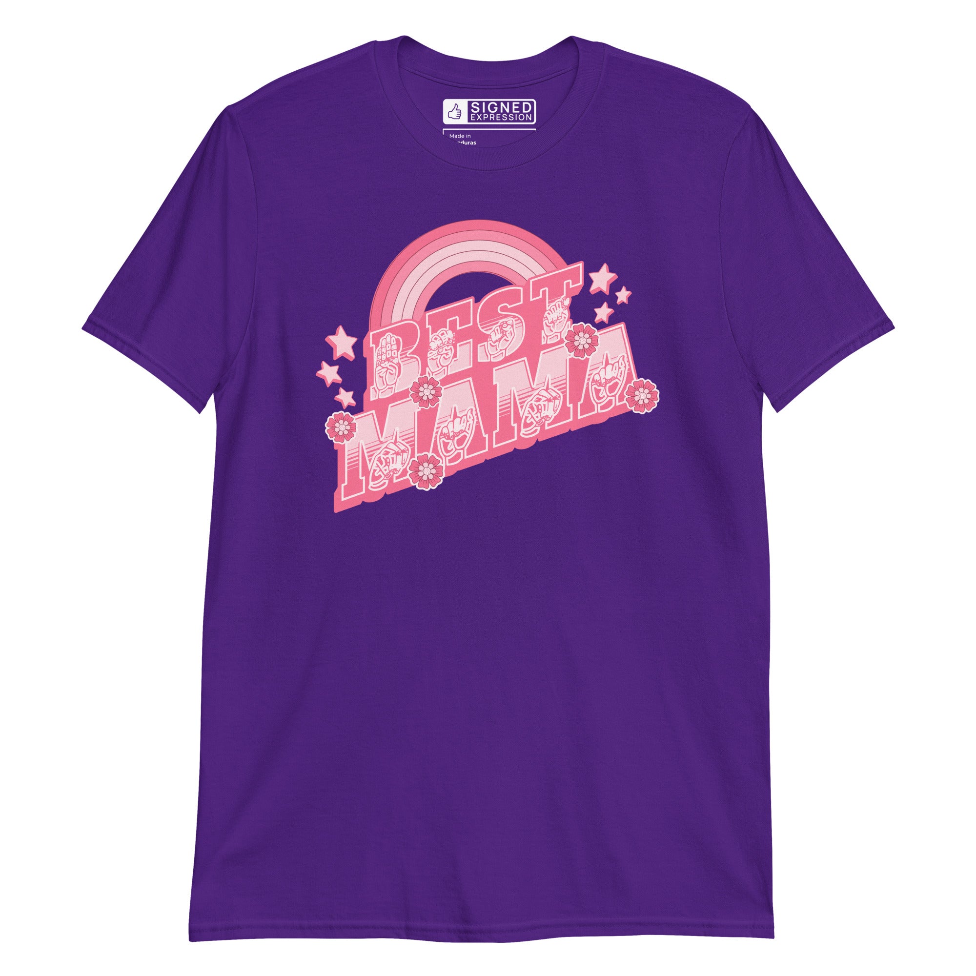 Purple T-shirt with ‘Best Mama’ shown in ASL fingerspelling and text, with rainbow, stars, and floral accents