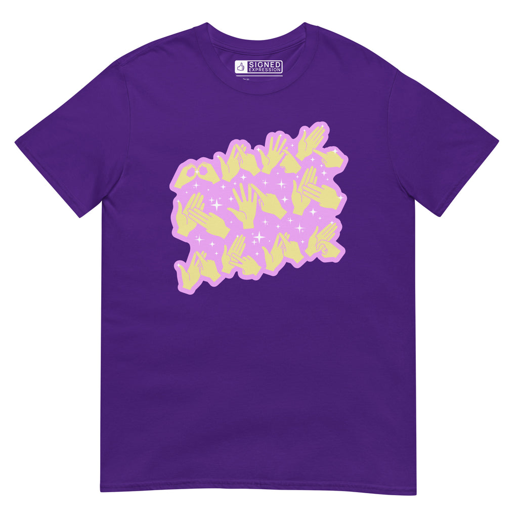 Purple coloured T-Shirt showing a Best Mom Ever BSL fingerspelling design