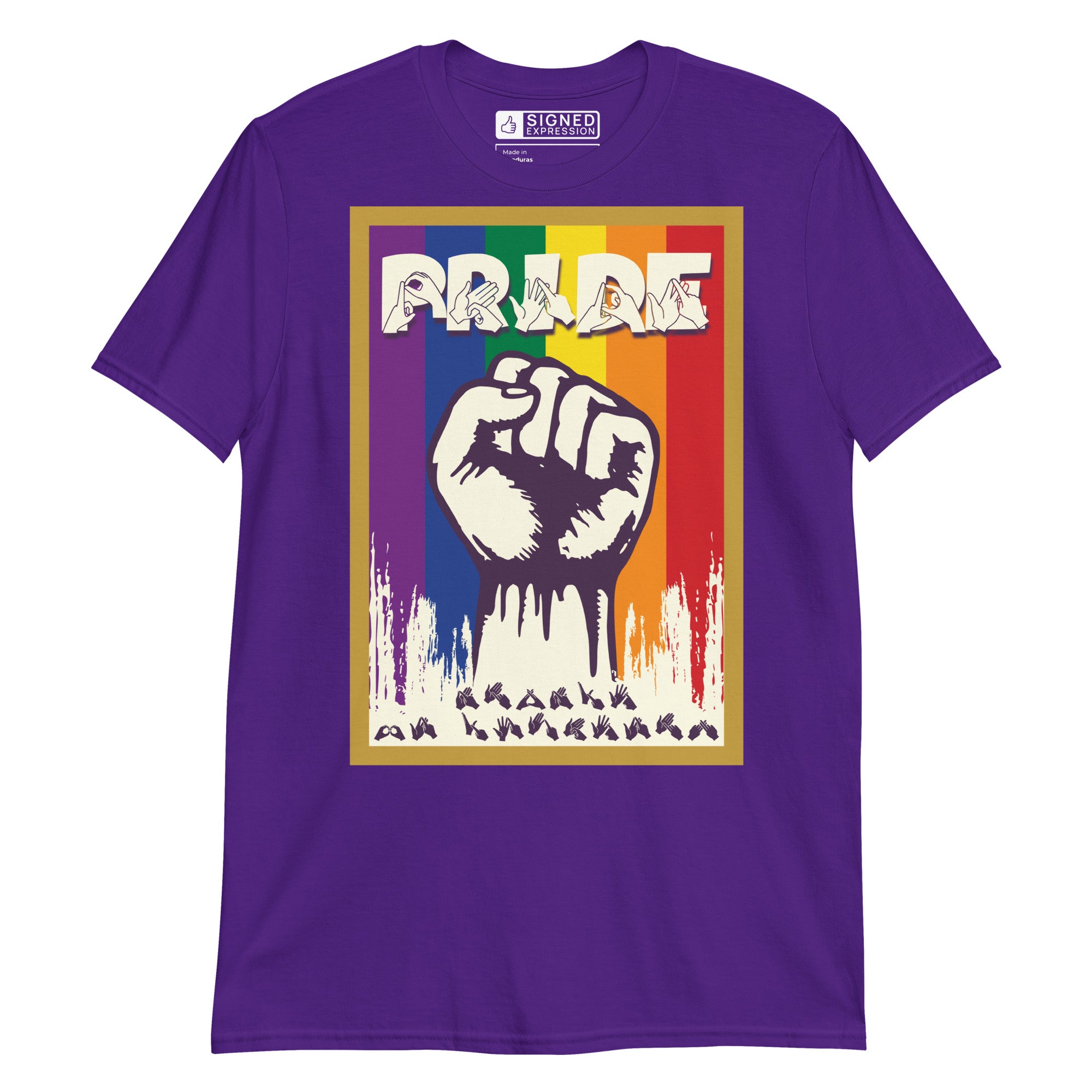 Purple t-shirt with pride solidarity design with BSL fingerspelling font