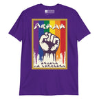 Purple t-shirt with pride solidarity design with BSL fingerspelling