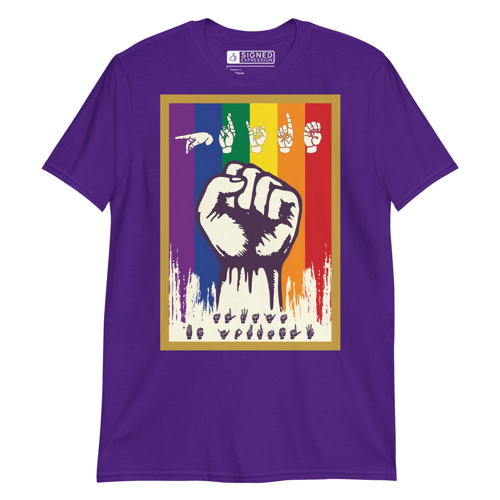 Purple t-shirt with pride solidarity design with ASL fingerspelling