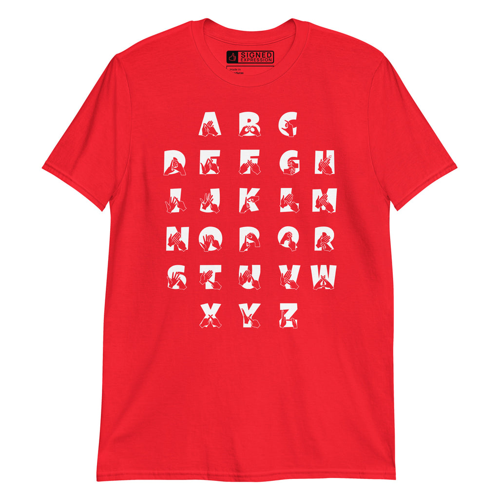 Front view of a red t-shirt with BSL Alphabet - White Fingerspelling & Text