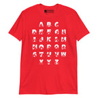 Front view of a red t-shirt with BSL Alphabet - White Fingerspelling & Text