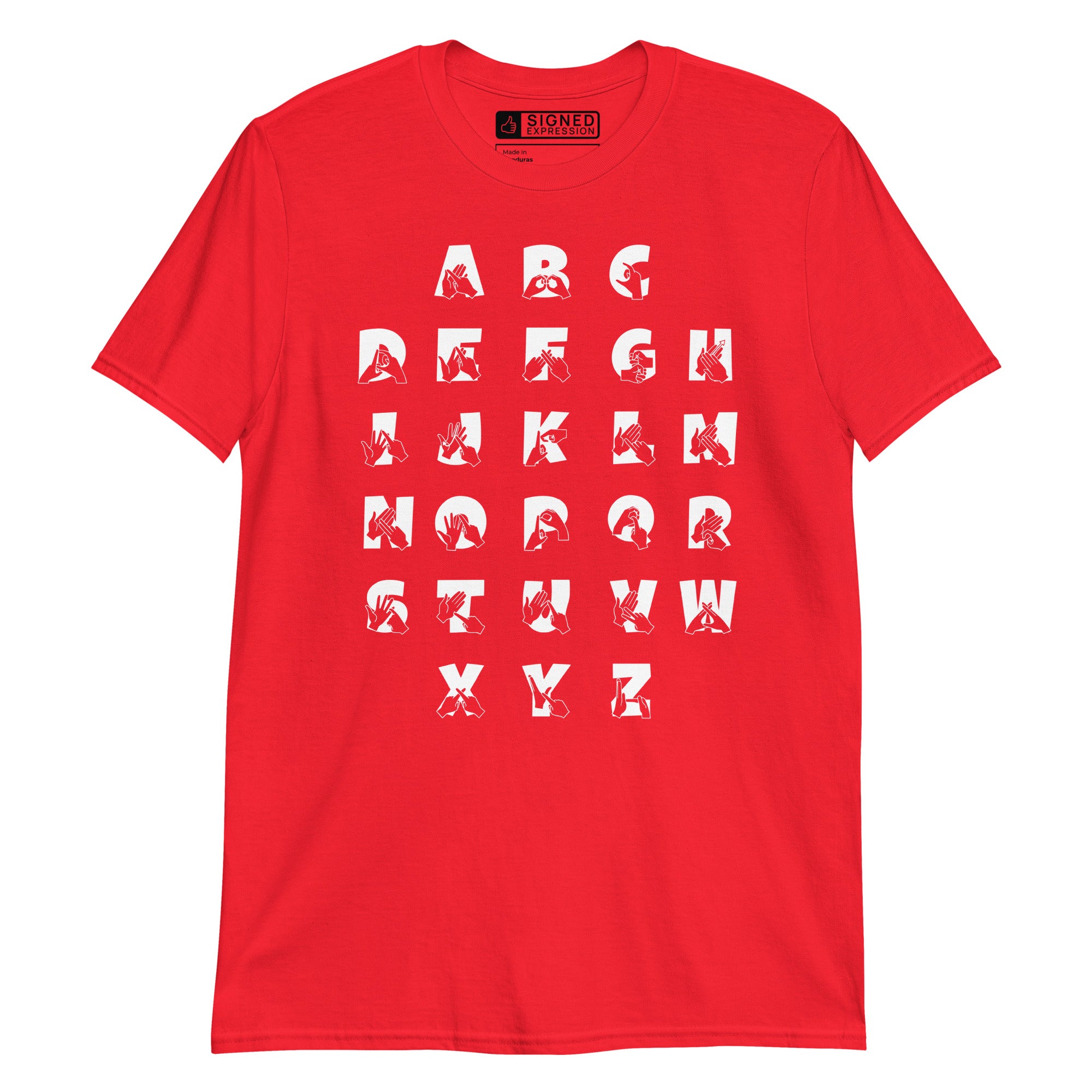 Front view of a red t-shirt with BSL Alphabet - White Fingerspelling & Text