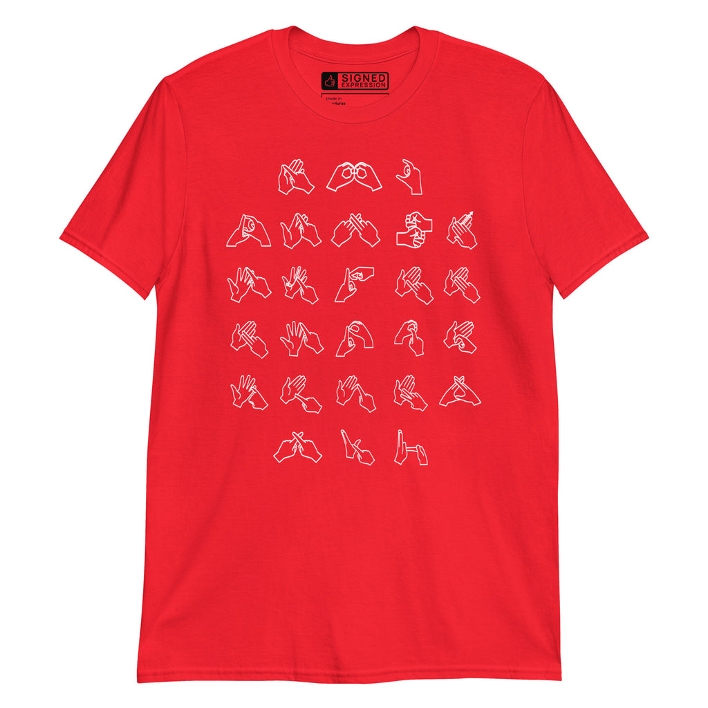 Front view of a red t-shirt with BSL Alphabet - White Fingerspelling