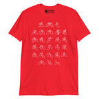 Front view of a red t-shirt with BSL Alphabet - White Fingerspelling