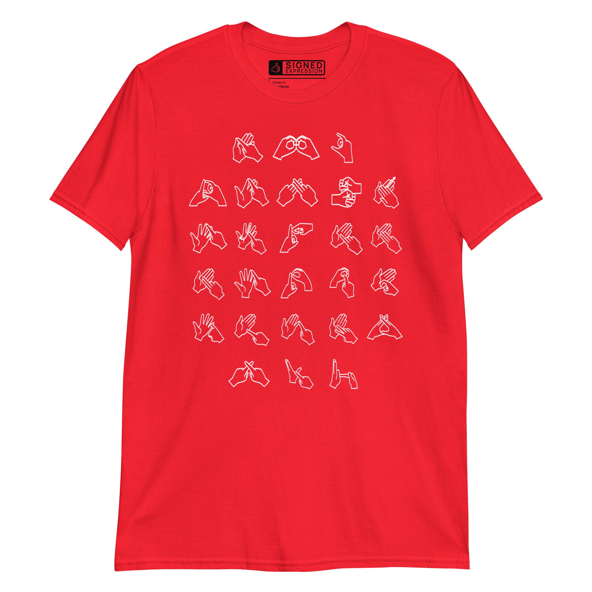 Front view of a red t-shirt with BSL Alphabet - White Fingerspelling