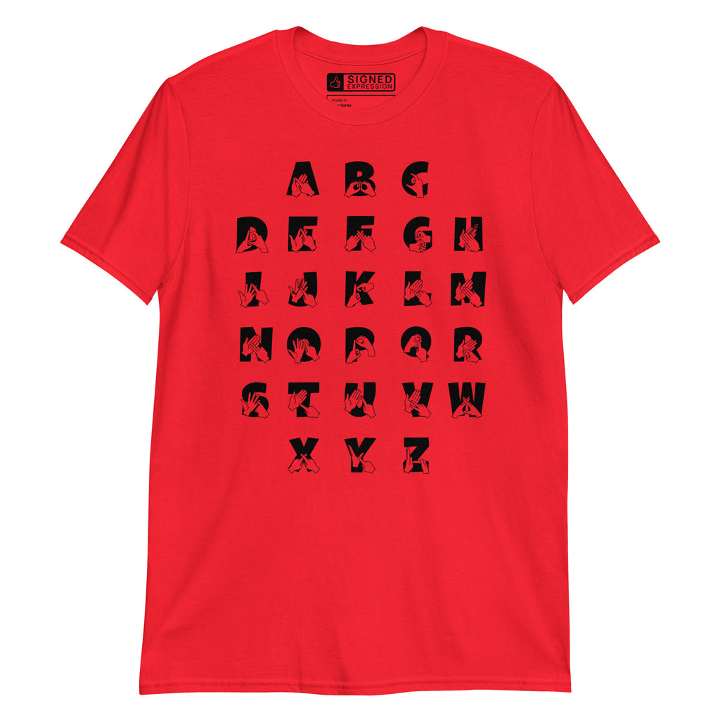 Front view of a red t-shirt with BSL Alphabet - Black Fingerspelling & Text