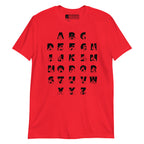 Front view of a red t-shirt with BSL Alphabet - Black Fingerspelling & Text