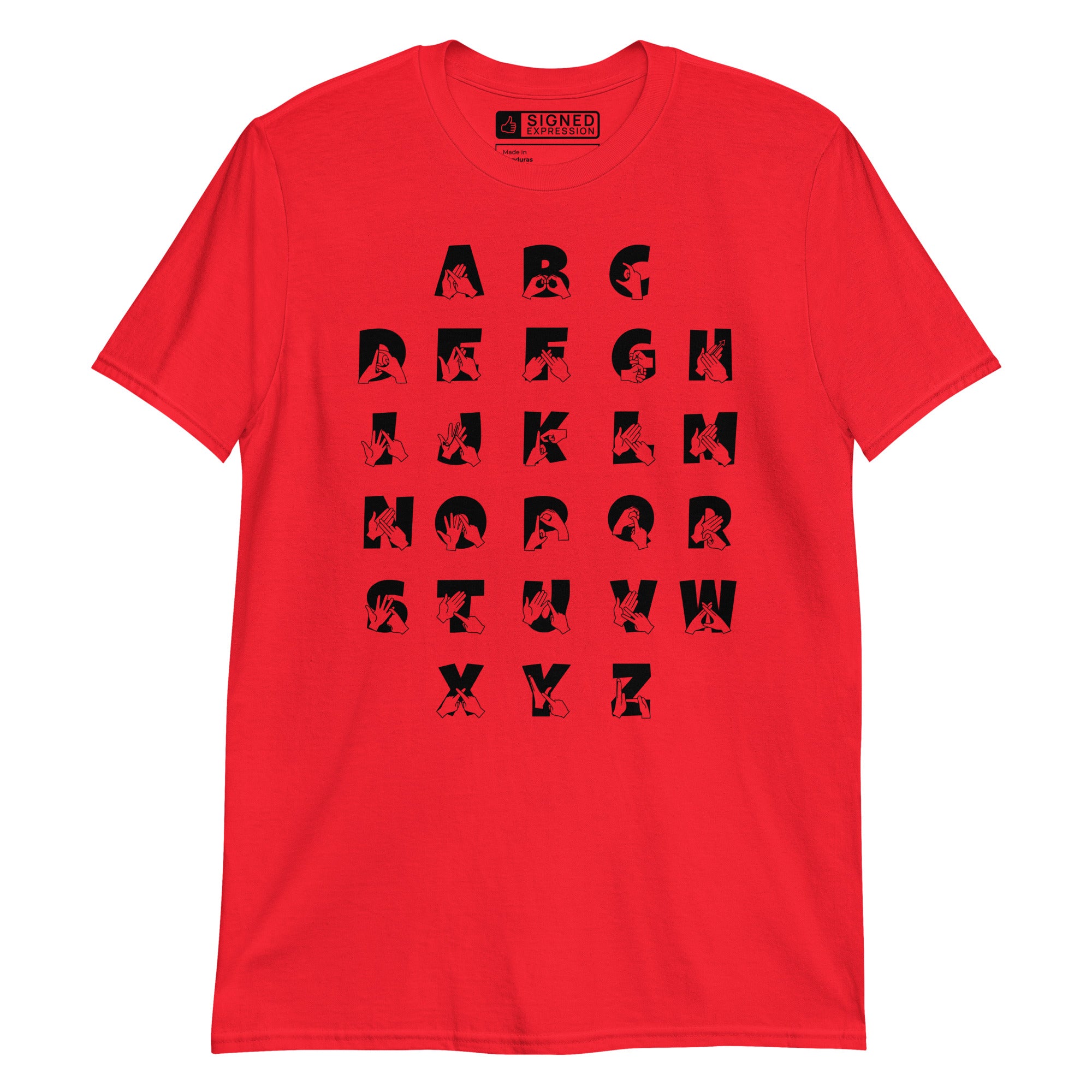 Front view of a red t-shirt with BSL Alphabet - Black Fingerspelling & Text