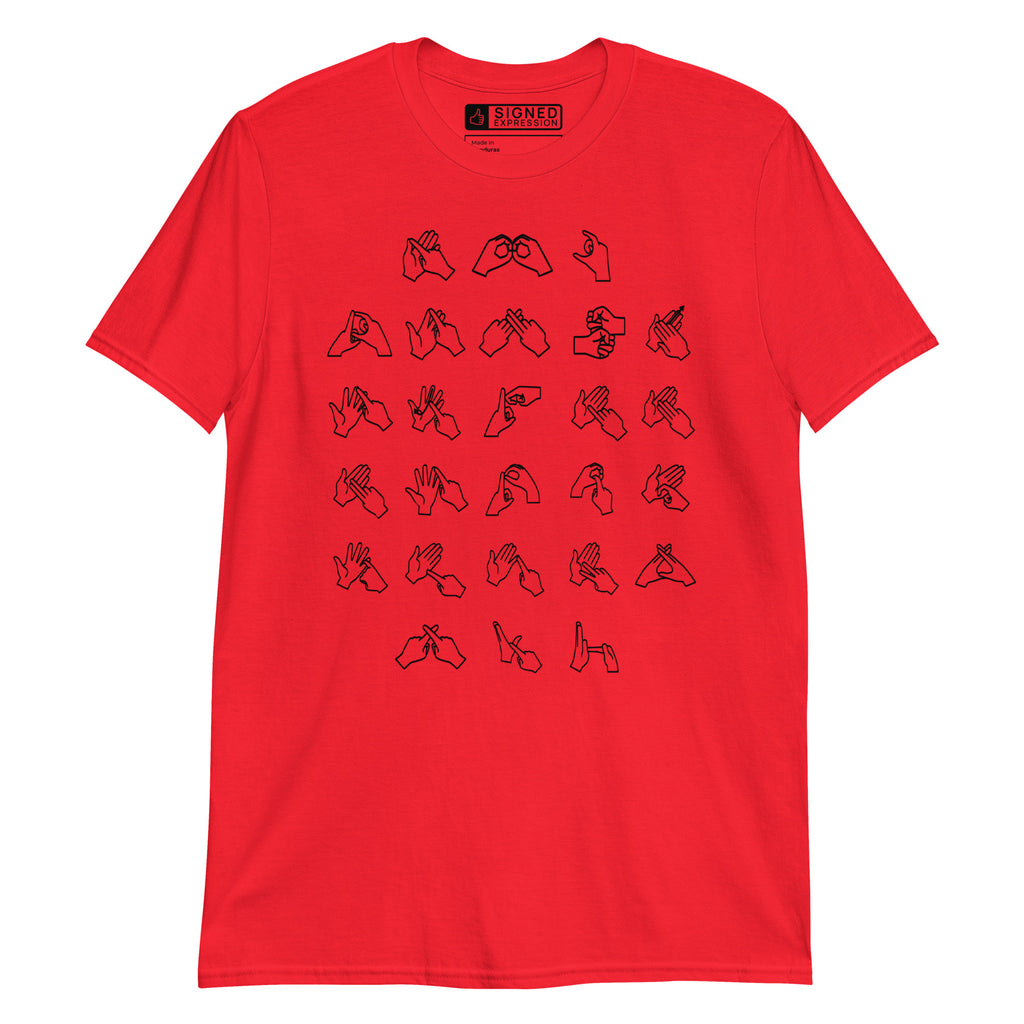 Front view of a red t-shirt with BSL Alphabet - Black Fingerspelling