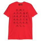 Front view of a red t-shirt with BSL Alphabet - Black Fingerspelling