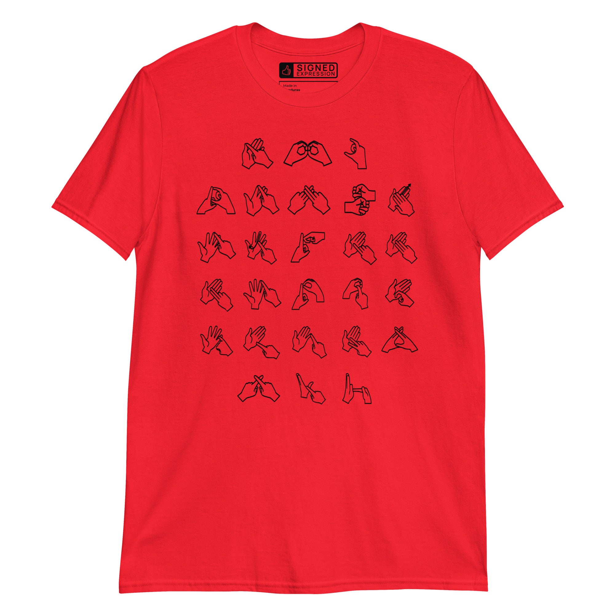 Front view of a red t-shirt with BSL Alphabet - Black Fingerspelling