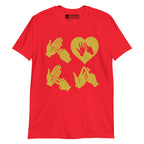 Red coloured  T-Shirt with the word Love in gold BSL Fingerspelling with the 'O' embedded in a heart shape