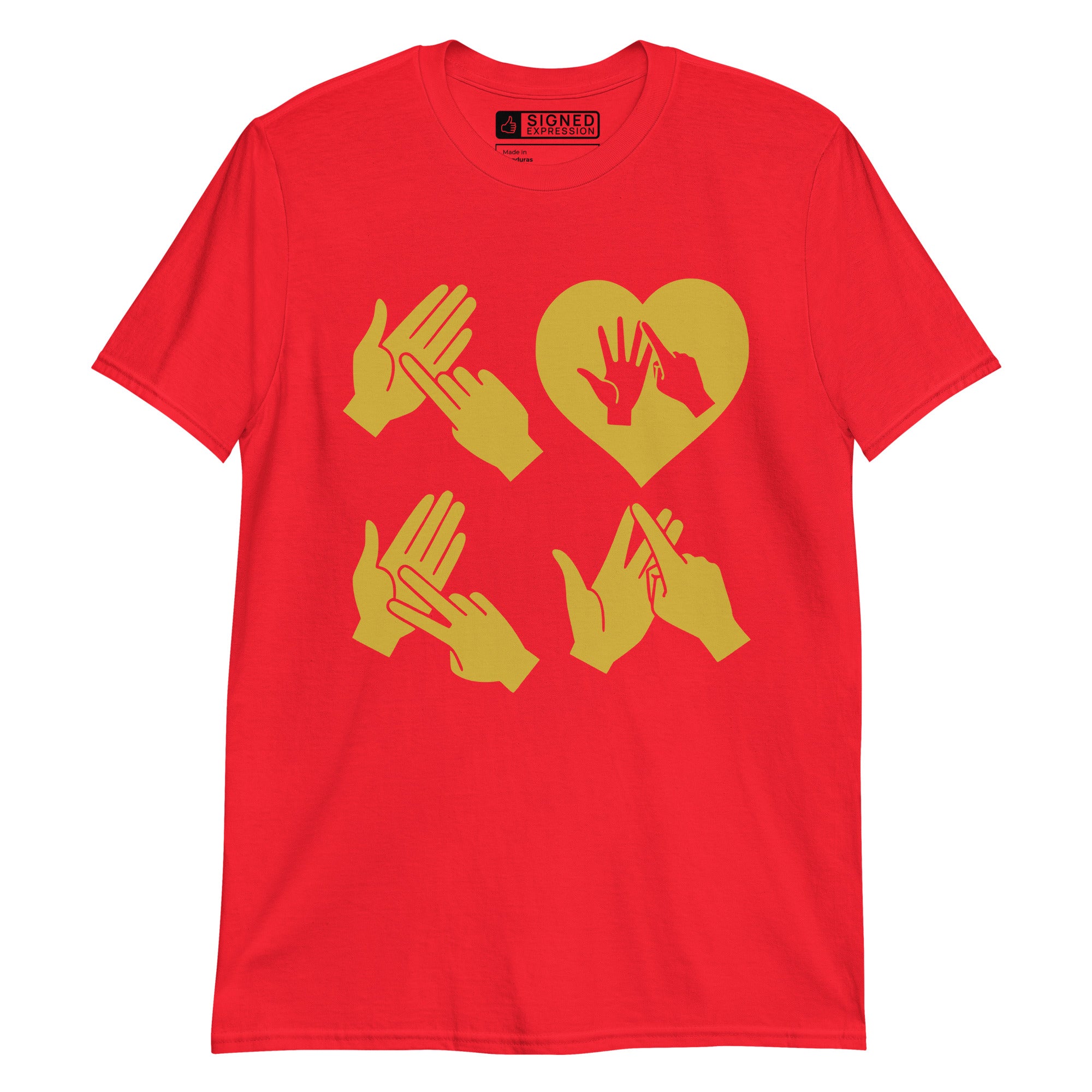 Red coloured  T-Shirt with the word Love in gold BSL Fingerspelling with the 'O' embedded in a heart shape