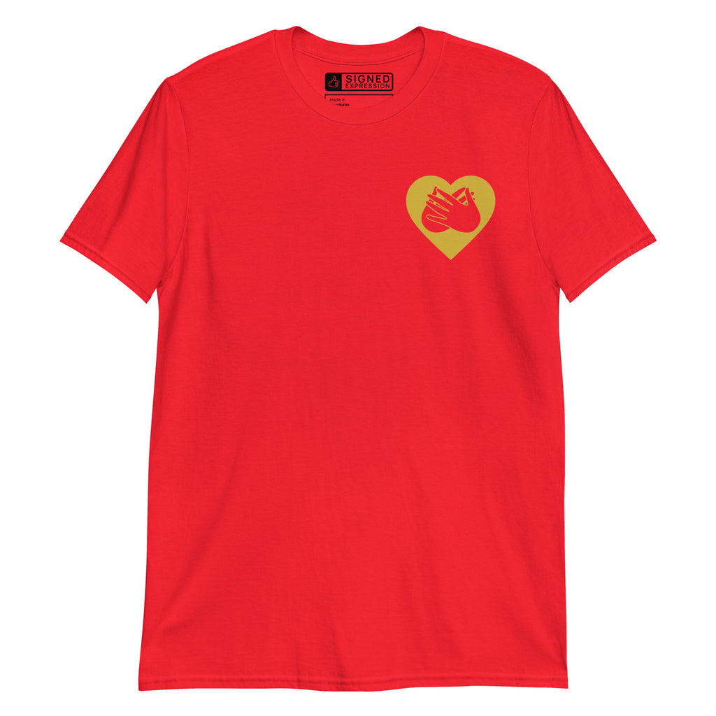 Red coloured T-Shirt showing a gold coloured heart and the iconic BSL Love sign embedded in it on the left side of the chest