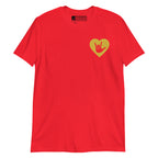 Red coloured T-Shirt showing a gold coloured heart and the iconic ASL I Love You sign embedded in it on the left side of the chest