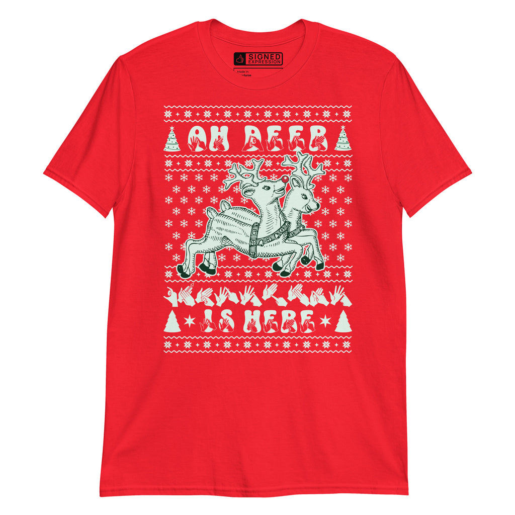 Red coloured Oh Deer Christmas Is Here t-shirt with reindeers, snowflakes and BSL design.