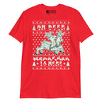 Red coloured Oh Deer Christmas Is Here t-shirt with reindeers, snowflakes and BSL design.