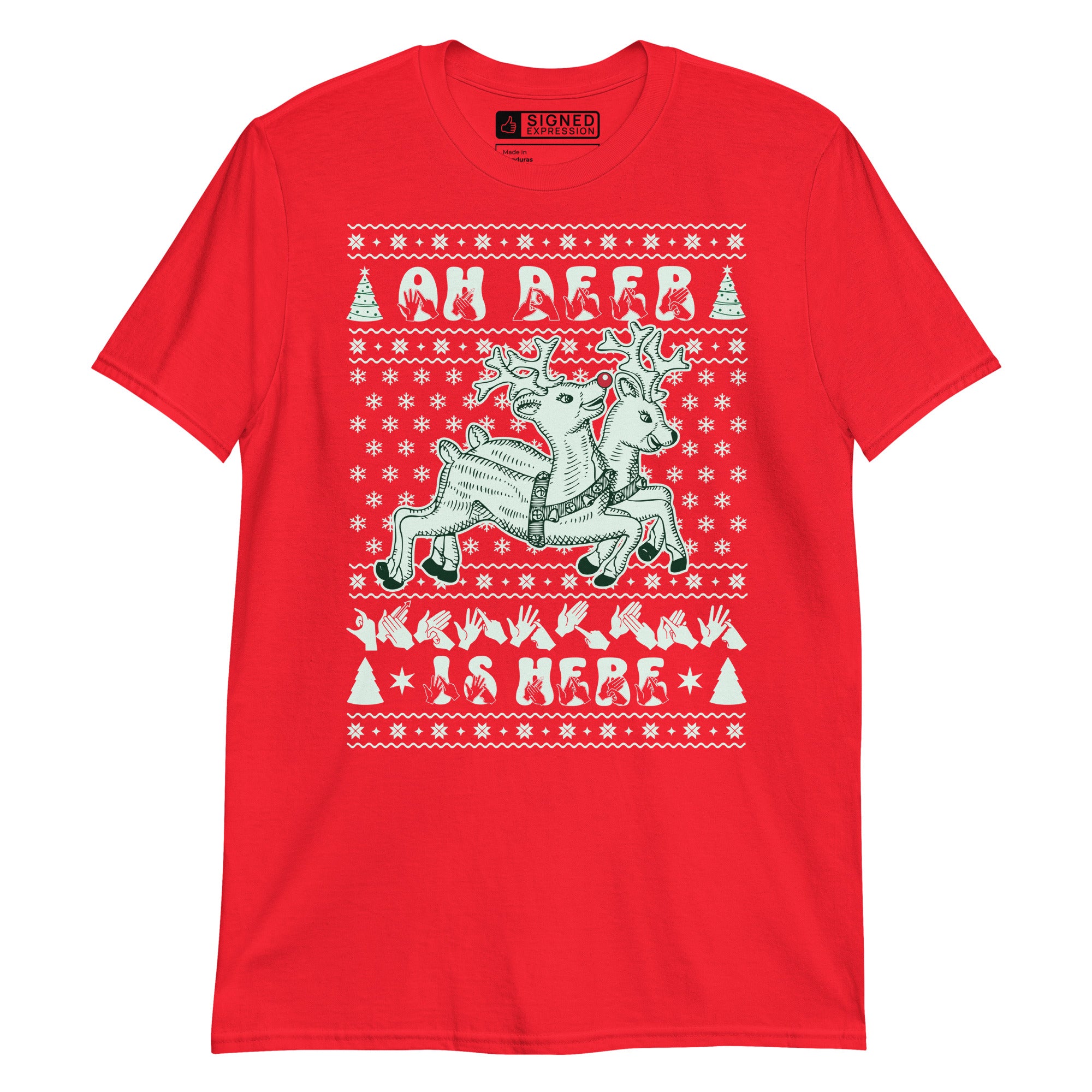 Red coloured Oh Deer Christmas Is Here t-shirt with reindeers, snowflakes and BSL design.
