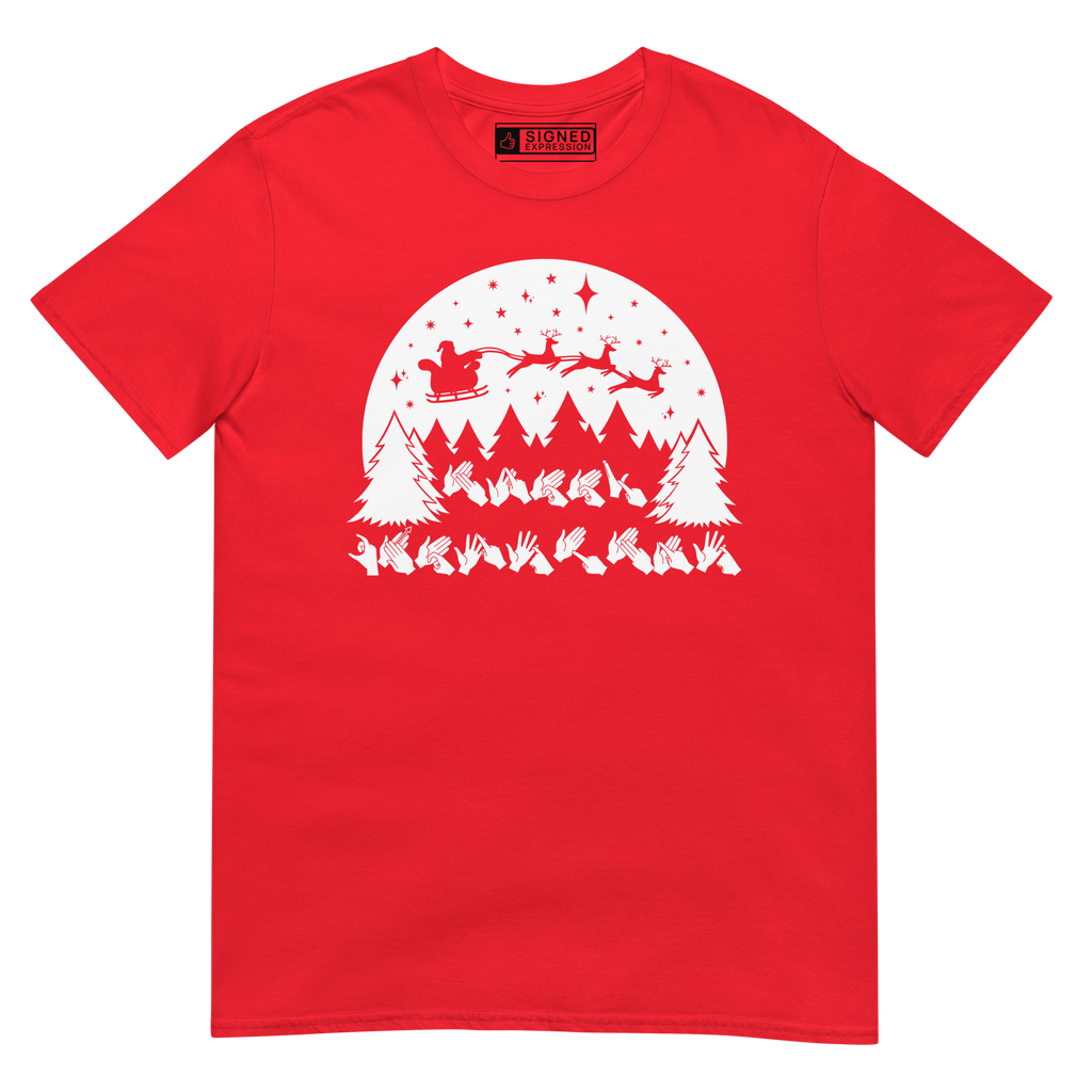 Red coloured Santa's sleigh t-shirt with BSL design.