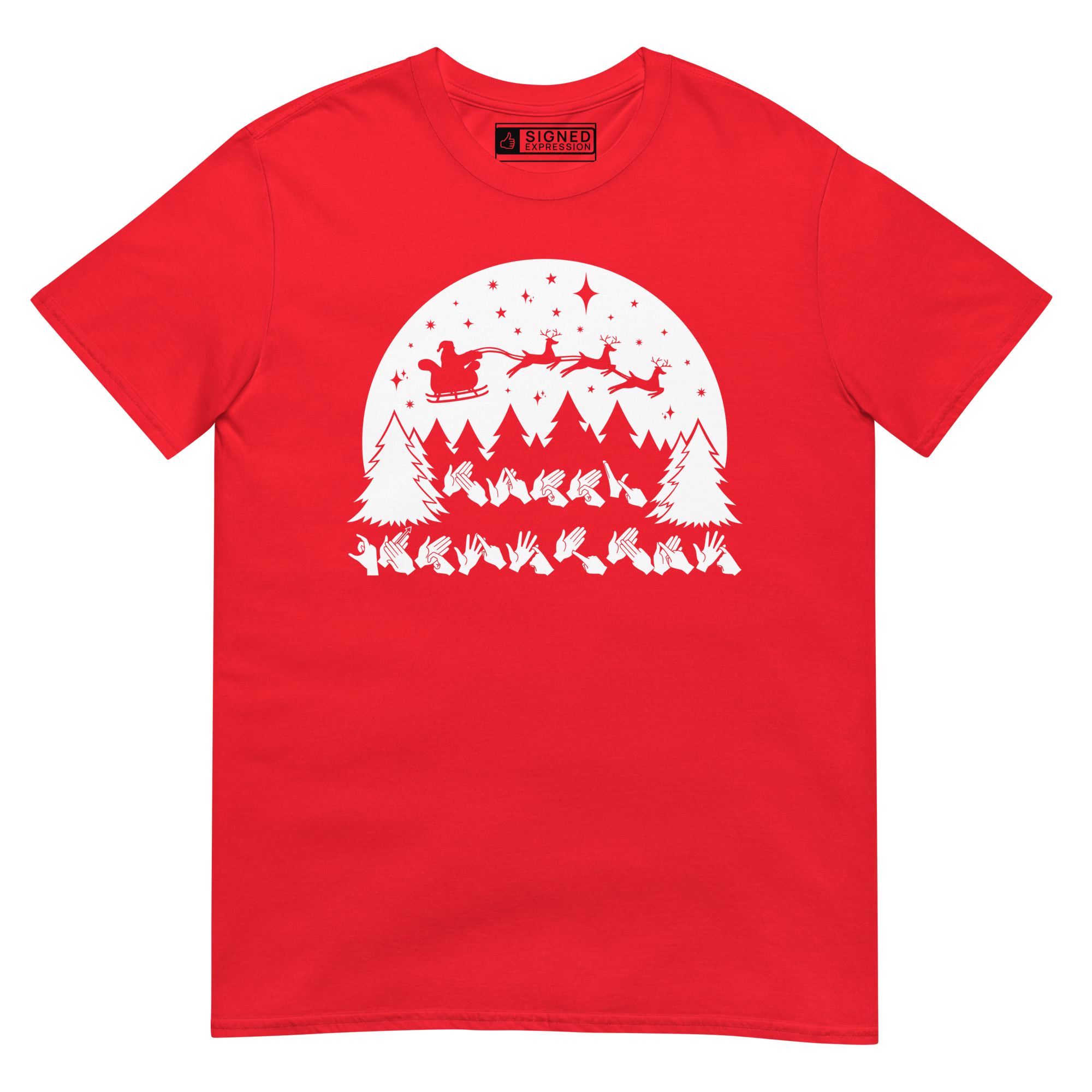 Red coloured Santa's sleigh t-shirt with BSL design.