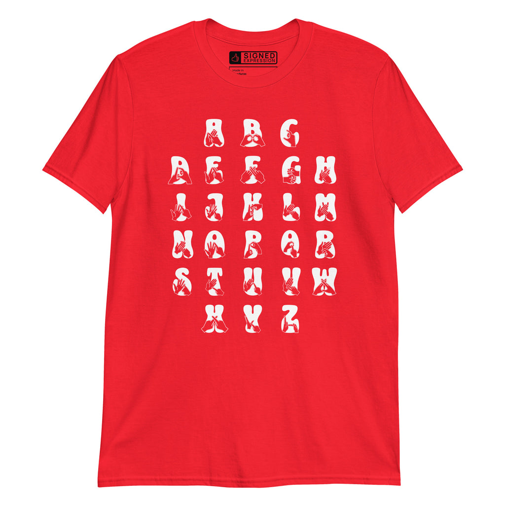 Front view of a red t-shirt with BSL Alphabet - White Fingerspelling & Text